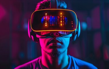 Poster - A creative individual wearing a virtual reality headset is immersed in playing games and exploring the digital world of the future metaverse with innovative technology.