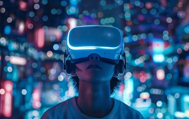 Poster - A creative individual wearing a virtual reality headset is immersed in playing games and exploring the digital world of the future metaverse with innovative technology.