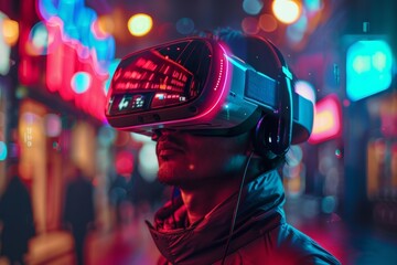 Poster - Virtual reality technology offers a transformative experience where users can immerse themselves in a digital world using AI-driven VR headsets for an enhanced metaverse adventure.