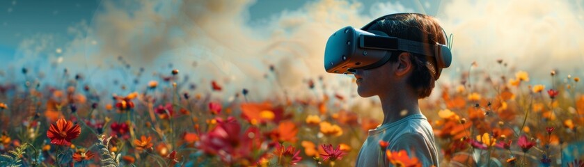 Poster - A young boy immersed in a virtual reality experience, exploring an enchanting world filled with vibrant fields of blooming flowers, all created by advanced artificial intelligence.