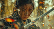 Female fantasy action hero in cinematic shot wielding a sword in Asian drama