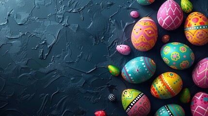 Wall Mural - Easter day background with painted eggs with colorful pattern, Generative Ai 