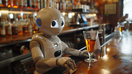 Poster - Robot Enjoying Beer at Bar