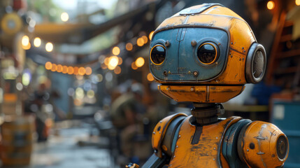 Poster - Yellow and Blue Robot Standing in Street