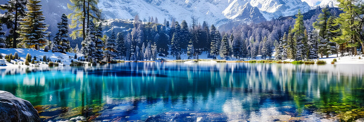 Wall Mural - Majestic Alpine Lake with Reflective Waters, Surrounded by Snow-Capped Mountains and Autumn Trees