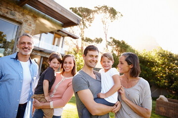 Poster - Big family, happy and portrait in backyard for love or bonding, care and memories together. Generations, garden and relax in summer for relationship growth or connection with unity on vacation