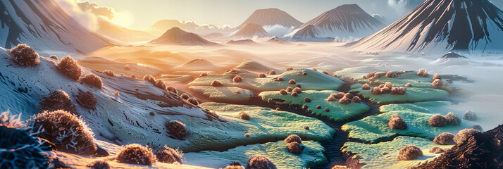 Majestic Mountain Landscape at Sunset, Snow-Capped Peaks and Icy Waters, Icelands Natural Wonder