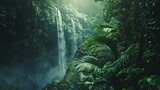 Fototapeta  - A secluded waterfall hidden within a dense tropical jungle accessible only by a narrow path.