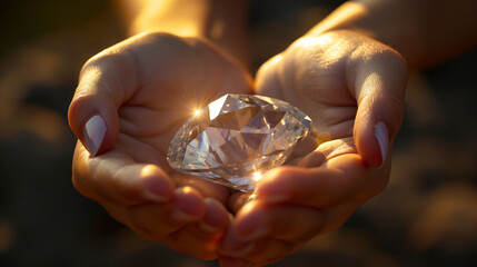 Mãos segurando um grande diamante 