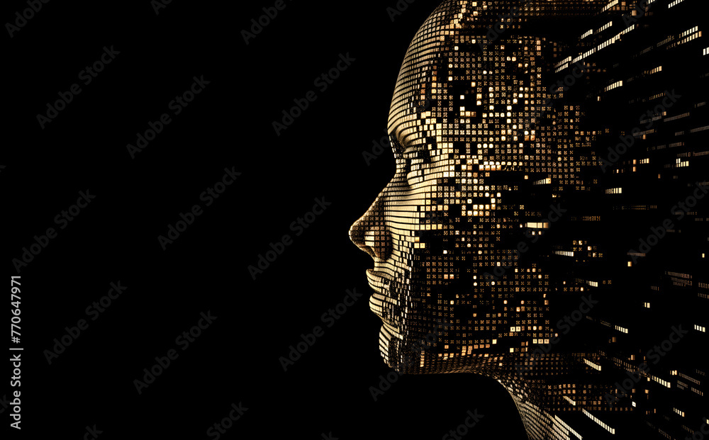 Abstract digital human head created using cubes on a black background ...