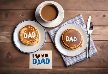 Father day pancakes. Homemade kids cooked father day pancakes with lettering I love dad, on plate, with coffee latte cup, gift box and necktie, wooden background