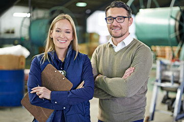 Aufkleber - Warehouse, portrait and people with clipboard for supplying, inventory and boxes for shipping. Colleagues, teamwork and collaboration on import or export, factory and paper for logistics on delivery