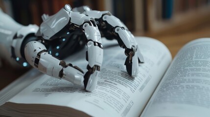 Poster - AI robot reading a book in the library. collaboratively studying from a vast array of textbooks. Machine learning, Innovation, futuristic technology concept