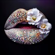A magnified portrait featuring vibrant lips encrusted with multicolored jewels, accompanied by orchid flower details on a smooth gradient backdrop
