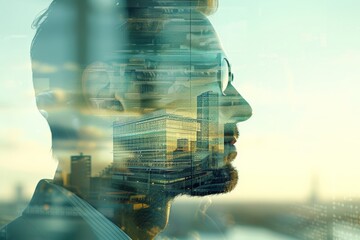 Fototapete - Male silhouette merges with urban landscape, contemplative gaze at city life, fusion of personal and metropolitan realms.reflective demeanor towards the bustling cityscape, intertwining individual