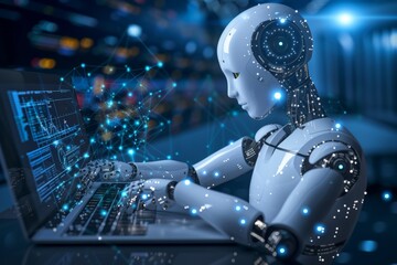 Poster - android engrossed in data analysis, blue digitalized thoughts encircle, foreground of an illuminated