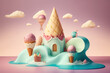 Ice Cream house with pink hot air balloons. Fairy Tale Ice Cream Land. Fabulous landscape made of ice cream sundae, waffle cones, cream, sweets and fudges. Cute illustration in cartoon 3d style
