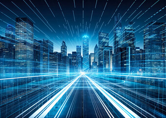 Poster - Highway and cityscape with glowing lights at night, 3D rendering