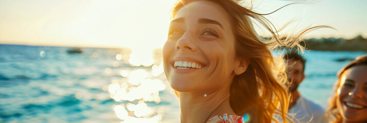 Woman on the beach banner, portrait of happiness, beachside enjoyment