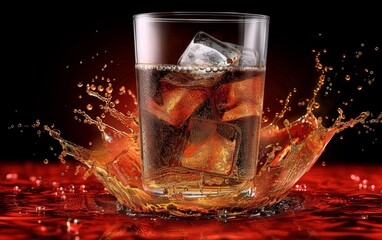 A glass of soda with ice cubes in it is splashing out of the glass