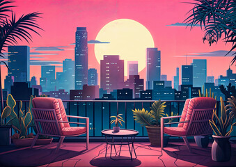 Poster - Balcony overlooking the city at sunset. Vector illustration in retro style