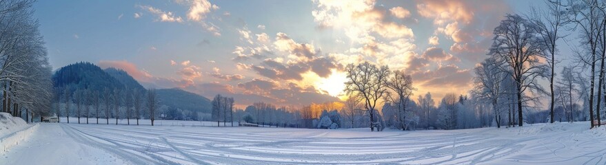 Wall Mural - A snowy field with trees in the background and a beautiful sunset in the sky