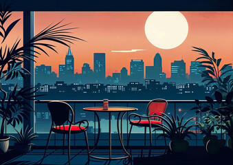 Poster - View of the city from the balcony at sunset. Vector illustration.
