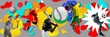 © master1305 - Young men, athletes of different sports in motion during game on grey background with colorful abstract splashes elements. Contemporary art. Concept of sport, active and healthy lifestyle. Banner.