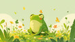 A funny frog against a background of green grass in a meadow with flying butterflies.  Cute illustration
