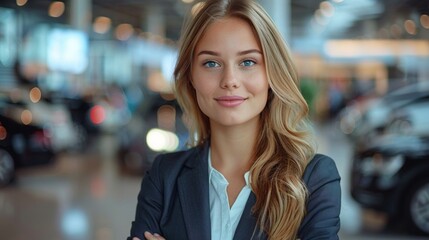 Smiling saleswoman holding document while looking at camera at car showroom. Cardealer holding clipboard in automobile showroom. Professional confident sales person working in modern car dealership.