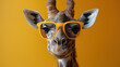Portrait of a giraffe wearing yellow sunglasses on a plain yellow background.
