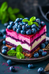 Canvas Print - Blueberry cheesecake with green leaf on top and blueberries surrounding it.