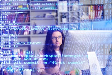 Wall Mural - code hologram and business woman thinking cybersecurity research