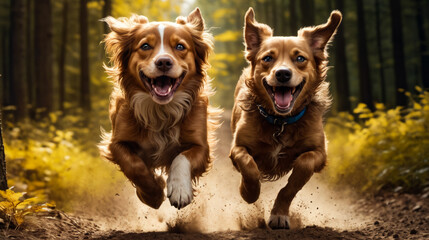 Canvas Print - Two brown dogs with big smiles and bright eyes run together through field of dirt grass and leaves.