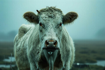 Wall Mural - Cow with blue background behind it.