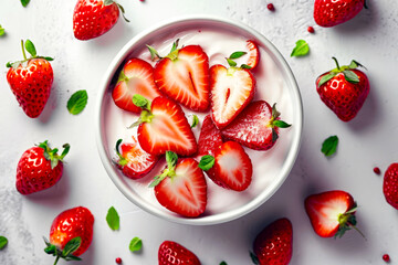 Poster - Bowl of yogurt is garnished with fresh strawberries.