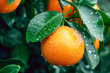 Canvas Print - Close up of orange with water droplets on its surface.