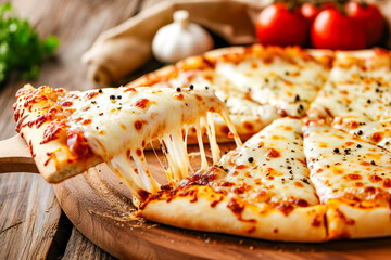 Sticker - Slice of cheese pizza sits on wooden cutting board.