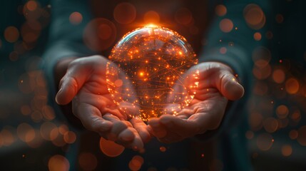 Poster - Human hands delicately holding a transparent, glowing orb symbolizing the power of AI, merging with AI circuitry, signifying unity