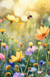 flowery meadow and bees. AI generative.