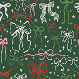 Fototapeta Pokój dzieciecy - Seamless pattern with cartoon doodle bow knots, gift ribbons. Trendy hair braiding accessory. Hand drawn vector illustration. Minimalist tattoo sketch, coquette core. 