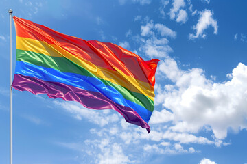 LGBTQ+ flag waving with a blue sky behind it 