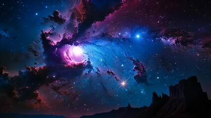 Wall Mural - Video animation of showcases a mesmerizing view of a galaxy. Against the dark expanse of space, vibrant colors burst forth, creating a celestial symphony. Stars twinkle like diamonds, and cosmic cloud