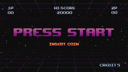 Poster - press start insert a coin to continue .pixel art .8 bit game.retro game. for game assets in vector i