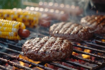 Sticker - Closeup of hamburgers and corn on the cob sizzling on a backyard barbecue grill