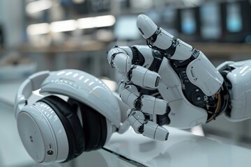 Poster - Robot arm holding a lithium battery in a modern technology setting