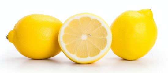 Wall Mural - Three lemons, including a Meyer lemon, a Rangpur, and a Clementine, are arranged on a white surface. Lemon peel can be used as an ingredient in various food recipes