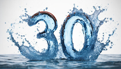 Number 30 made of water with splashes on white background. Blue liquid figure. 3D rendering.