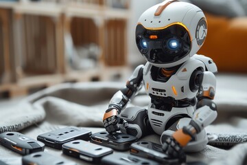 Poster - Futuristic robot playing with electronic devices on a cozy home environment