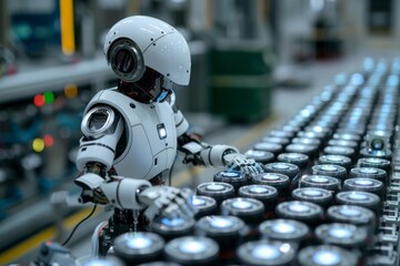 Poster - Futuristic robot performing battery testing in a modern laboratory setting